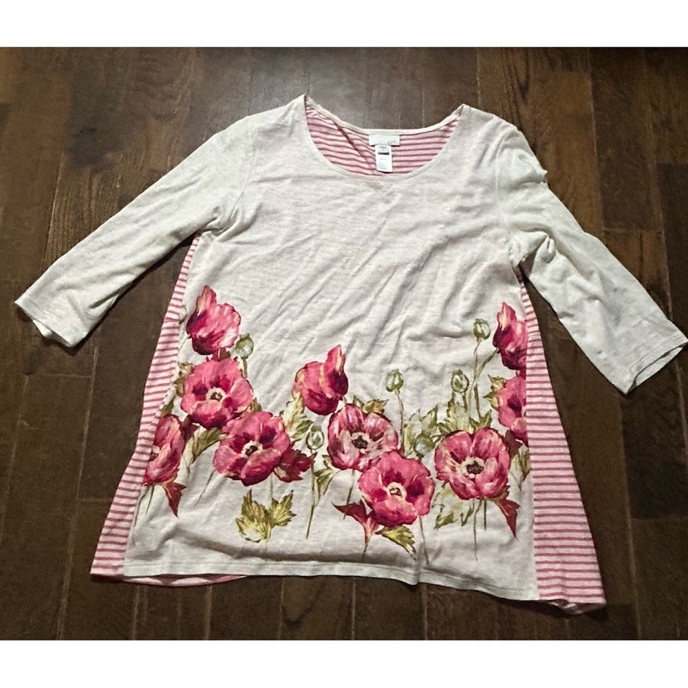 J.JILL FLORAL STRIPES KNIT TUNIC TOP BLOUSE HI LO COTTON LINEN SZ Small